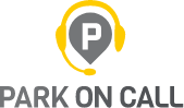 a logo for "Park On Call." The design features a gray map pin with the letter "P" inside, symbolizing parking, and a yellow headset around the pin, representing customer service or support. Below the icon, the text "PARK ON CALL" is displayed in bold, uppercase letters, emphasizing the combination of parking and on-demand service