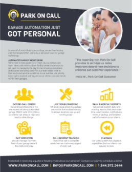 a promotional flyer for "Park On Call" featuring the headline "Garage Automation Just Got Personal." It includes a photo of a customer service representative wearing a headset, emphasizing personalized support. The flyer highlights key services such as a 24/7 call center, live troubleshooting, video feeds, incident tracking, and playback options. A customer testimonial from "Alexa W." is also displayed, praising the service. Contact information at the bottom includes a website, email address, and phone number