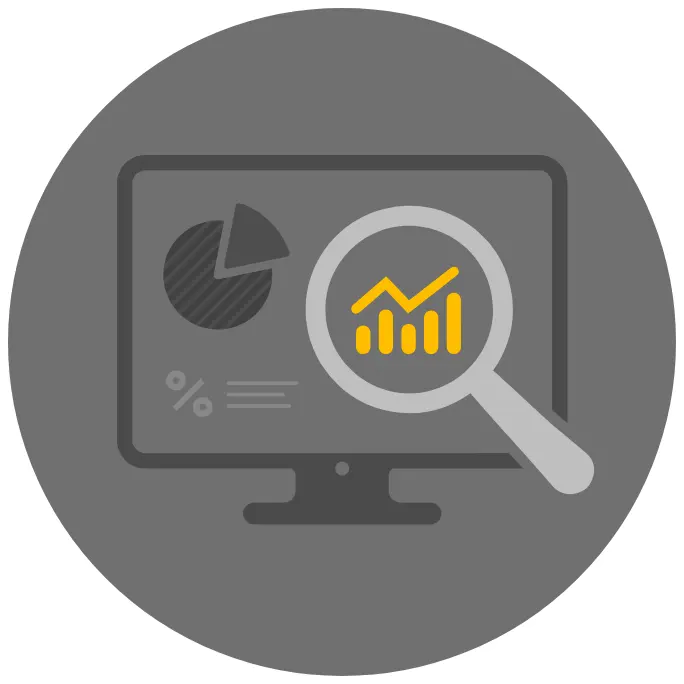 icon of a computer monitor displaying a pie chart and percentage symbols, suggesting data analysis. A magnifying glass is overlaid, focusing on a yellow bar and line graph, symbolizing detailed analysis or performance tracking. The background is a dark gray circle, emphasizing the focus on analytics.