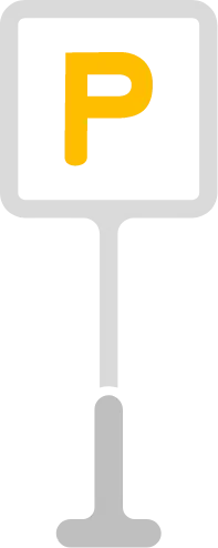 a simple parking sign design with a yellow letter "P" on a black background, enclosed within a gray square. The sign is mounted on a gray post, which likely indicates a designated parking area. The minimalistic style conveys a clear message about parking availability or directions.